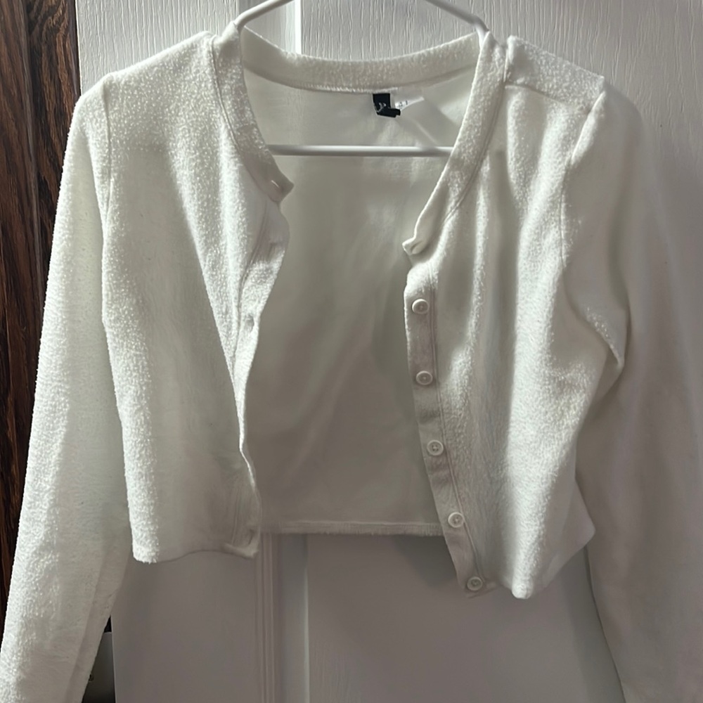 White Sweater Button Crop